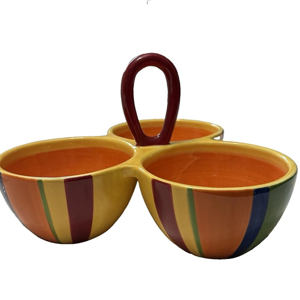 Crate & Barrel 3 Bowl Condiment Server Ceramic Striped Dip Salsa Dish w Handle